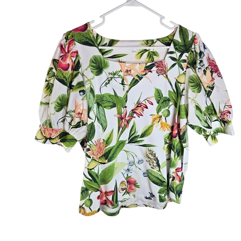 Chicos white tropical floral square neck puff sleeve shirt new 3 xl - Picture 2 of 9